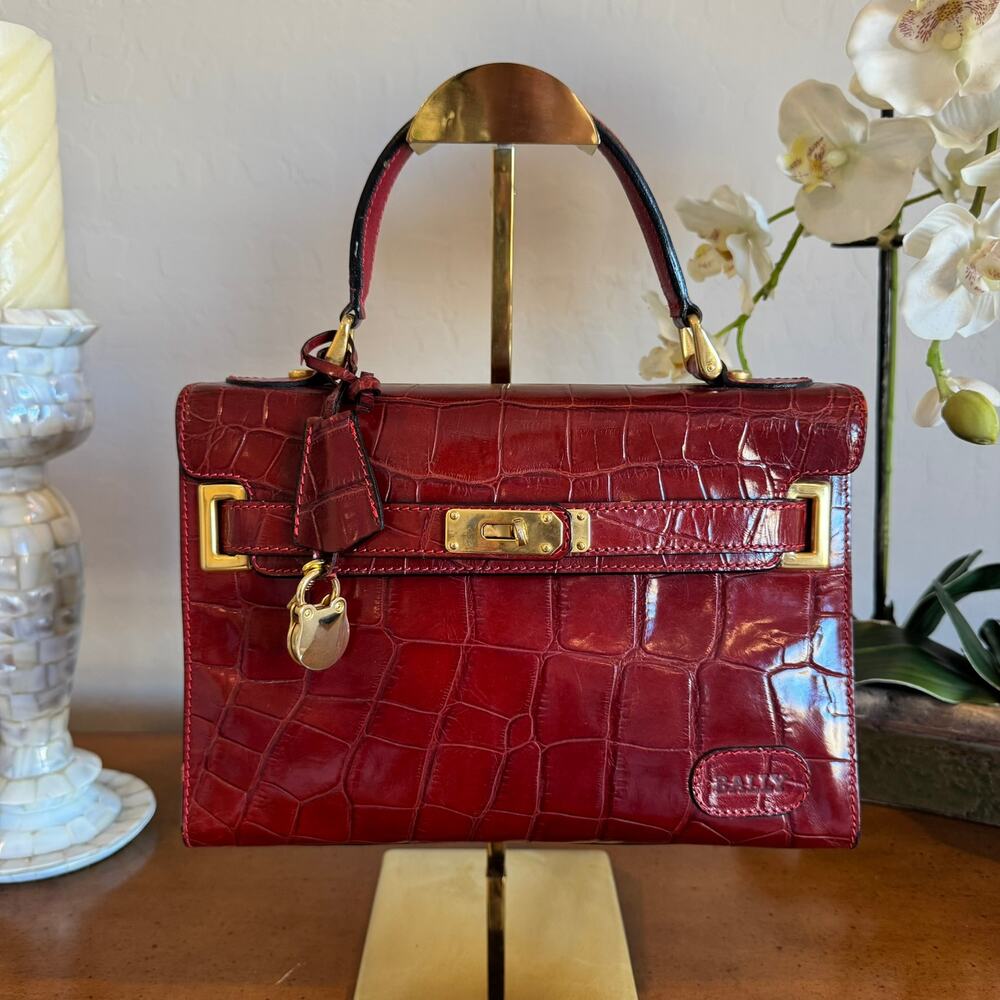 Rare Vintage Bally Red Croc Embossed Leather Top Handle Bag